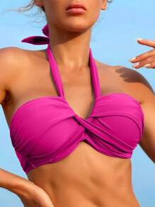 前扭結吊脖提臀比基尼泳裝上衣 - 玫紅色 - 查看 3