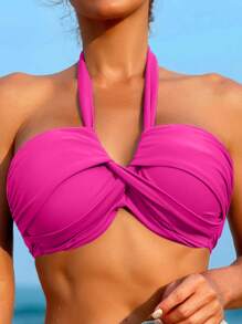 前扭結吊脖提臀比基尼泳裝上衣 - 玫紅色 - 查看 1