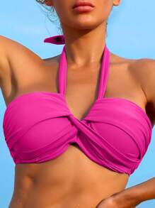 前扭結吊脖提臀比基尼泳裝上衣 - 玫紅色 - 查看 4