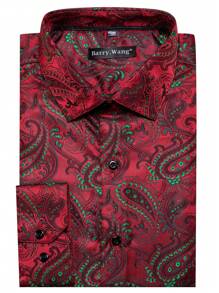 男士佩斯利提花前排扣襯衫 - 紅色 - 查看 7
