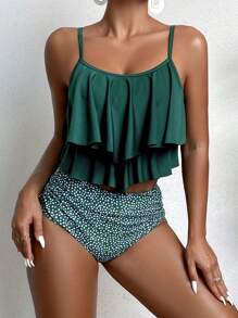 SHEIN Swim 夏日海滩斑点狗印花荷叶边下摆比基尼 - 墨綠色 - 查看 3