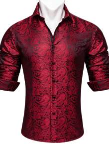 男士佩斯利提花前排扣襯衫 - 紅色 - 查看 3