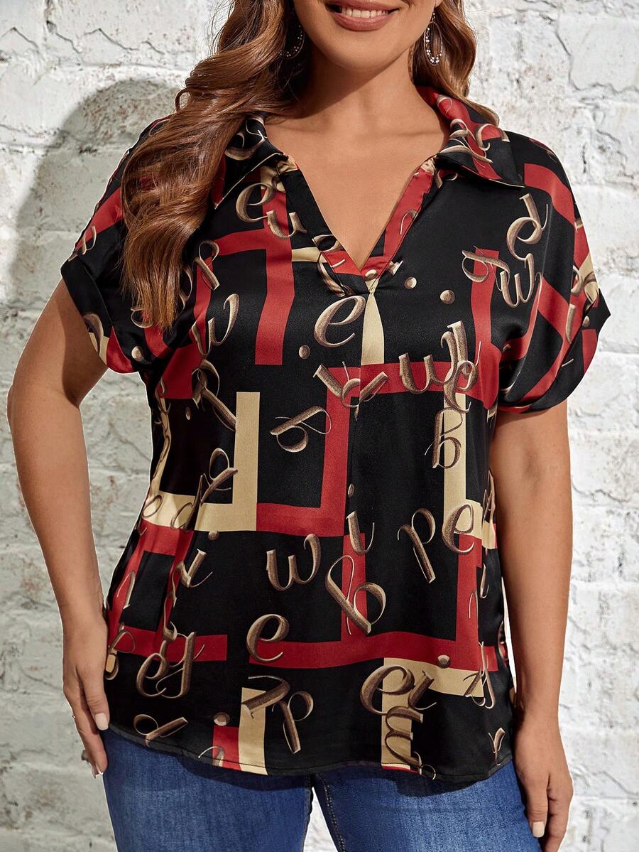 SHEIN LUNE 大碼字母圖案蝙蝠袖襯衫 - 彩色 - 查看 1