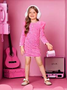 SHEIN 女小童毛茸邊亮片連衣裙 - 粉色 - 查看 3