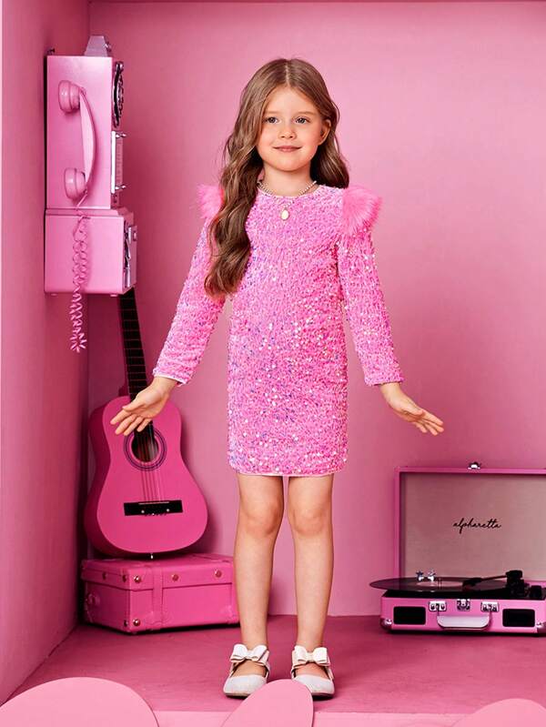 SHEIN Young Girl Fuzzy Trim Sequins Dress Bodycon Dress For Kidsdress Young Girl Pinkkids Sequin Dressgirl Long Sleeve Dresses