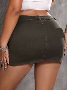 SHEIN ICON 大碼翻蓋口袋牛仔半身裙 - 軍綠色 - 查看 2