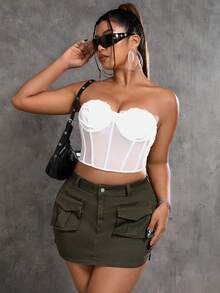 SHEIN ICON 大碼翻蓋口袋牛仔半身裙 - 軍綠色 - 查看 4