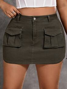 SHEIN ICON 大碼翻蓋口袋牛仔半身裙 - 軍綠色 - 查看 5