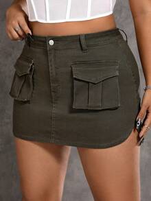 SHEIN ICON 大碼翻蓋口袋牛仔半身裙 - 軍綠色 - 查看 7