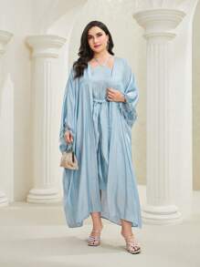 Al Najma Plus Batwing Sleeve Open Front Coat & Knot Front Dress - Baby Blue - View 1