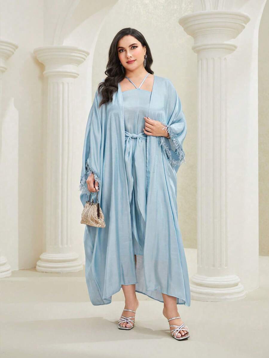 Al Najma Plus Batwing Sleeve Open Front Coat & Knot Front Dress - Baby Blue - View 1