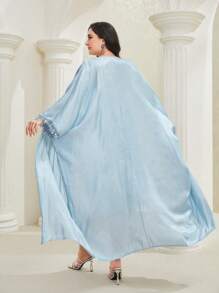 Al Najma Plus Batwing Sleeve Open Front Coat & Knot Front Dress - Baby Blue - View 2
