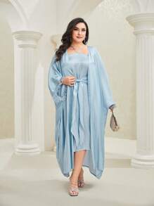 Al Najma Plus Batwing Sleeve Open Front Coat & Knot Front Dress - Baby Blue - View 3