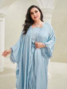 Al Najma Plus Batwing Sleeve Open Front Coat & Knot Front Dress - Baby Blue - View 4
