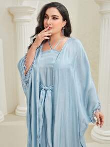 Al Najma Plus Batwing Sleeve Open Front Coat & Knot Front Dress - Baby Blue - View 5
