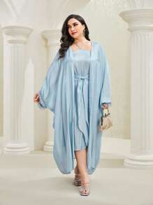 Al Najma Plus Batwing Sleeve Open Front Coat & Knot Front Dress - Baby Blue - View 6