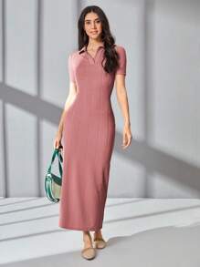 Mulvari Solid Ribbed Knit Bodycon Dress - Dusty Pink - View 1