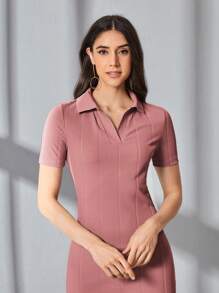 Mulvari Solid Ribbed Knit Bodycon Dress - Dusty Pink - View 5