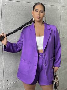 SHEIN SXY Plus Lapel Neck Pocket Patched Blazer Without Cami Top - Purple - View 4