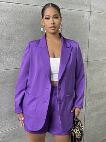 SHEIN SXY Plus Lapel Neck Pocket Patched Blazer Without Cami Top - Purple - View 3