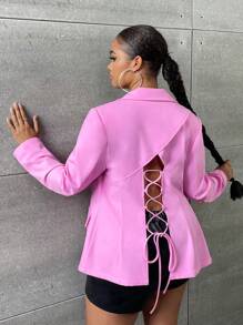 SHEIN SXY Plus Lace Up Back Single Button Blazer - Pink - View 1
