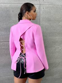 SHEIN SXY Plus Lace Up Back Single Button Blazer - Pink - View 4