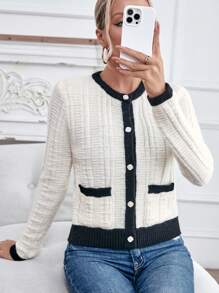 SHEIN Privé 拼接邊前紐扣開襟衫 - 杏色 - 查看 3