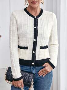 SHEIN Privé 拼接邊前紐扣開襟衫 - 杏色 - 查看 5