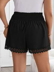 SHEIN Unity Plus Guipure Lace Trim Paperbag Waist Shorts - Black - View 2
