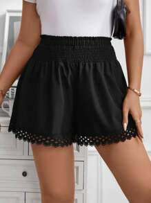 SHEIN Unity Plus Guipure Lace Trim Paperbag Waist Shorts - Black - View 1