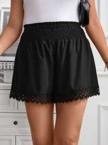 SHEIN Unity Plus Guipure Lace Trim Paperbag Waist Shorts - Black - View 4