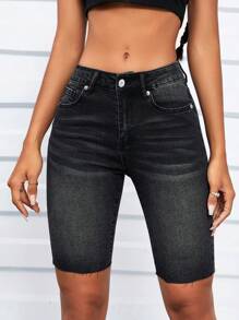 SHEIN LUNE Raw Hem Quần short Denim - màu đen - Xem 1