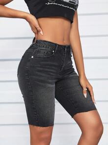 SHEIN LUNE Raw Hem Quần short Denim - màu đen - Xem 3