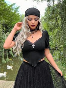 ROMWE PUNK Plus Lettuce Trim Puff Sleeve Hanky Hem Tee - Black - View 6