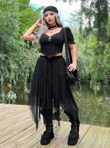 ROMWE PUNK Plus Lettuce Trim Puff Sleeve Hanky Hem Tee - Black - View 3