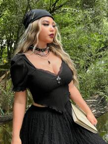 ROMWE PUNK Plus Lettuce Trim Puff Sleeve Hanky Hem Tee - Black - View 4