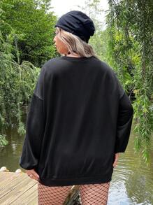 ROMWE PUNK Plus Skull Print Contrast Fishnet Drop Shoulder Sweatshirt, School