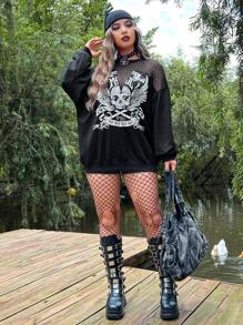 ROMWE PUNK Plus Skull Print Contrast Fishnet Drop Shoulder Sweatshirt, School