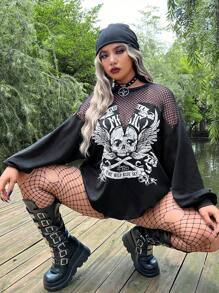 ROMWE PUNK Plus Skull Print Contrast Fishnet Drop Shoulder Sweatshirt, School
