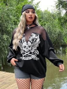 ROMWE PUNK Plus Skull Print Contrast Fishnet Drop Shoulder Sweatshirt, School