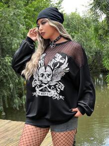 ROMWE PUNK Plus Skull Print Contrast Fishnet Drop Shoulder Sweatshirt, School