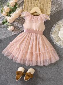 SHEIN Glamorique Kids Young Girl Dobby Mesh Overlay Ruffle Trim Belted Dress