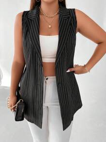 Calvaya Plus Pinstriped Print Vest Blazer - Black - View 3