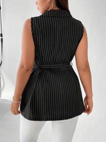 Calvaya Plus Pinstriped Print Vest Blazer - Black - View 2