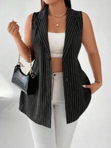 Calvaya Plus Pinstriped Print Vest Blazer - Black - View 5