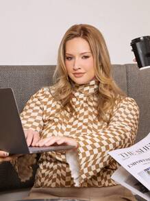 Mindsi 加大格纹印花高领喇叭袖 T 恤，秋季女装，适合秋冬季 - 彩色 - 查看 7