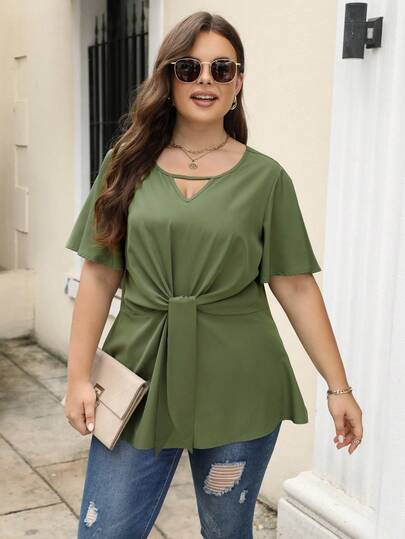 Nemidor Plus Keyhole Neckline Knot Front Blouse