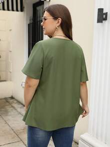 Nemidor 大碼鎖眼領前打結襯衫 - 軍綠色 - 查看 2