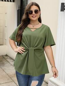 Nemidor 大碼鎖眼領前打結襯衫 - 軍綠色 - 查看 3