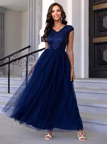 Joyfunear 撞色亮片网眼派对礼服女士正式礼服优雅舞会晚会婚礼宾客礼服，适合毕业典礼、晚宴 - 藏蓝色 - 查看 1